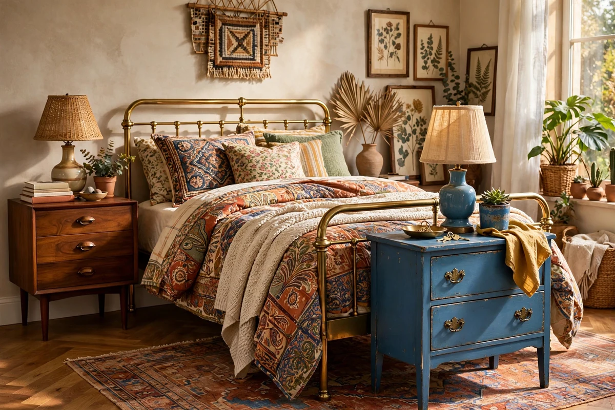 Eclectic bedroom with mismatched nightstands beside a brass bed