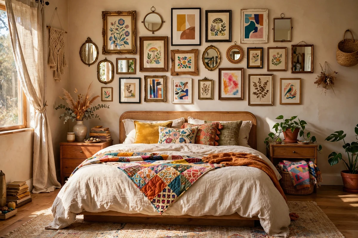 Salon style gallery wall of mismatched art above an eclectic bed