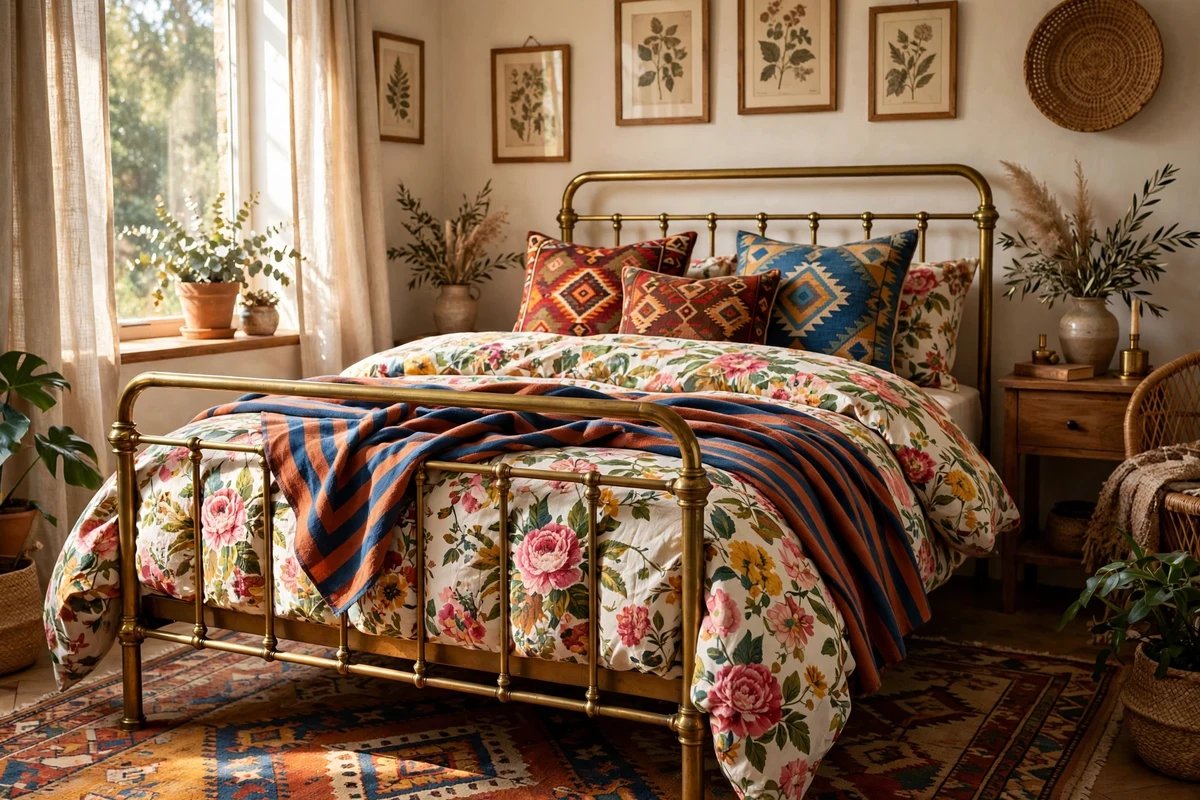 Eclectic bed with clashing floral duvet, striped throw and kilim pillows