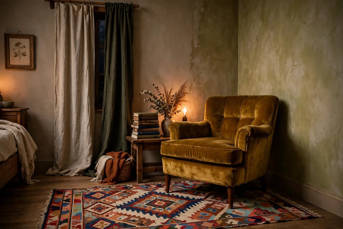 Vintage mustard velvet armchair in an eclectic bedroom corner