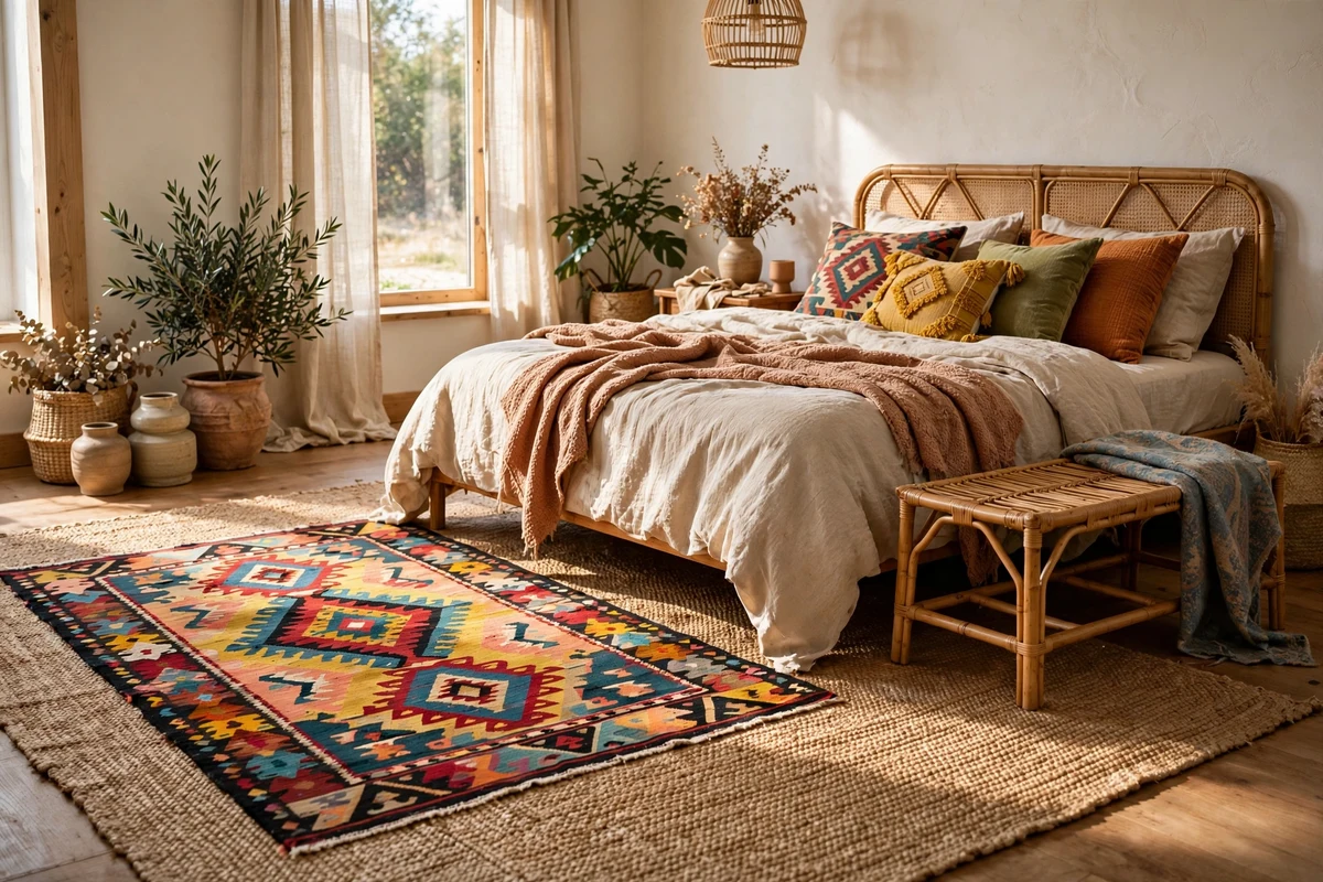 Colorful kilim rug layered over natural jute in an eclectic bedroom