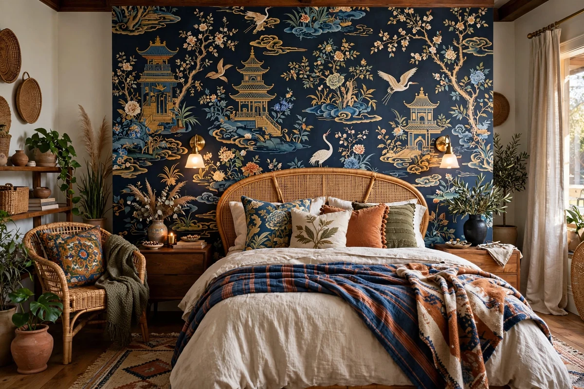 Bold chinoiserie wallpaper accent wall behind an eclectic bed