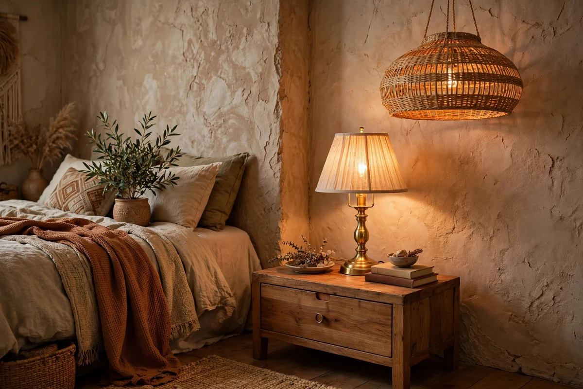 Brass table lamp and rattan pendant light in an eclectic bedroom