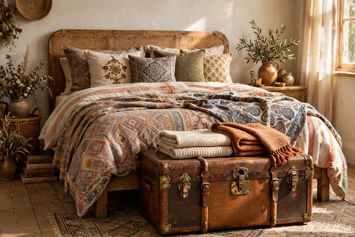 Vintage leather steamer trunk at the foot of an eclectic bed