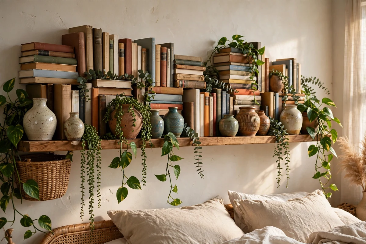 Eclectic bedroom shelf with books, trailing plants and ceramics