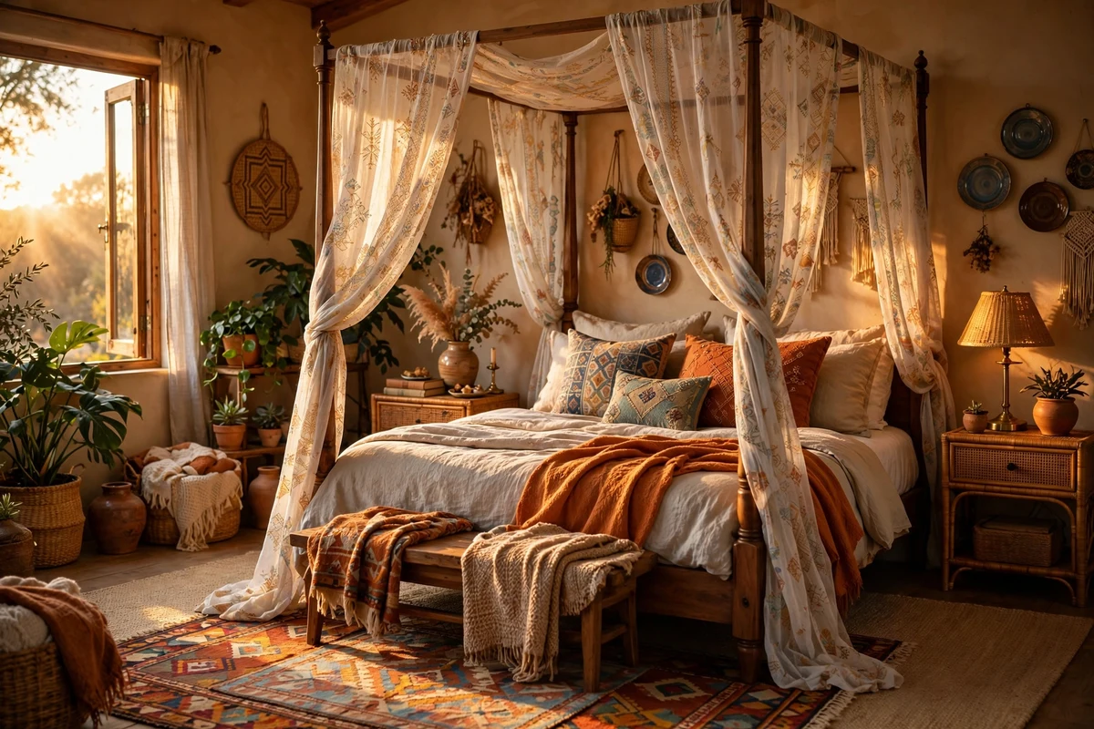 Canopy bed draped in sheer patterned textiles in an eclectic bedroom