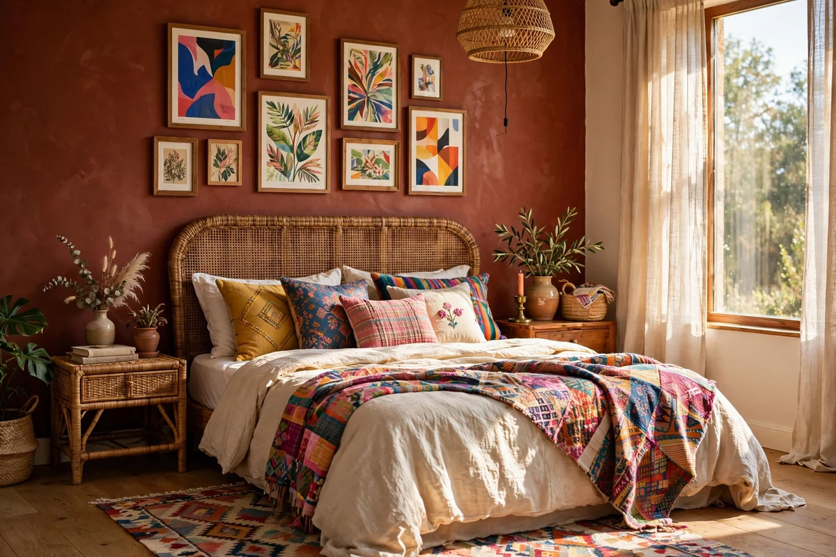 Deep terracotta wall behind a rattan headboard in an eclectic bedroom