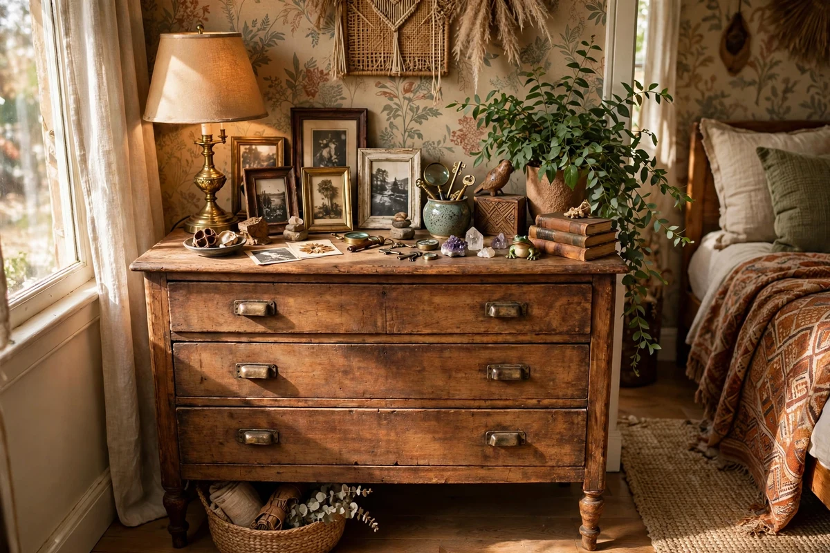 Vintage dresser styled with curios, brass lamp and plants
