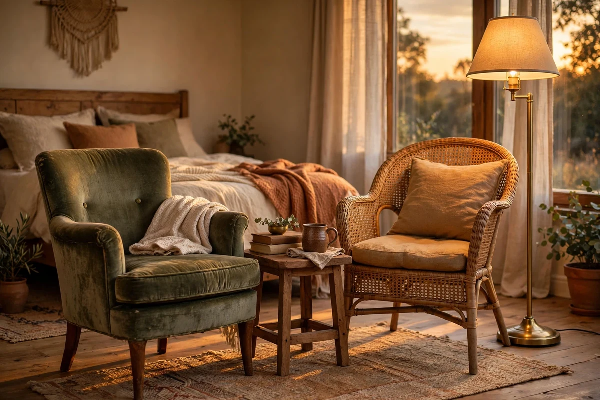 Reading corner with two mismatched vintage chairs in a bedroom