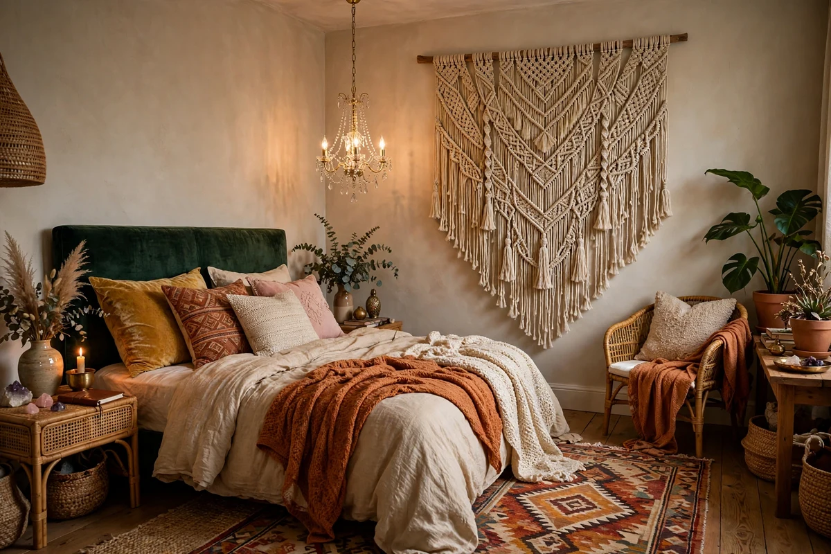 Crystal chandelier beside a macrame wall hanging in an eclectic bedroom