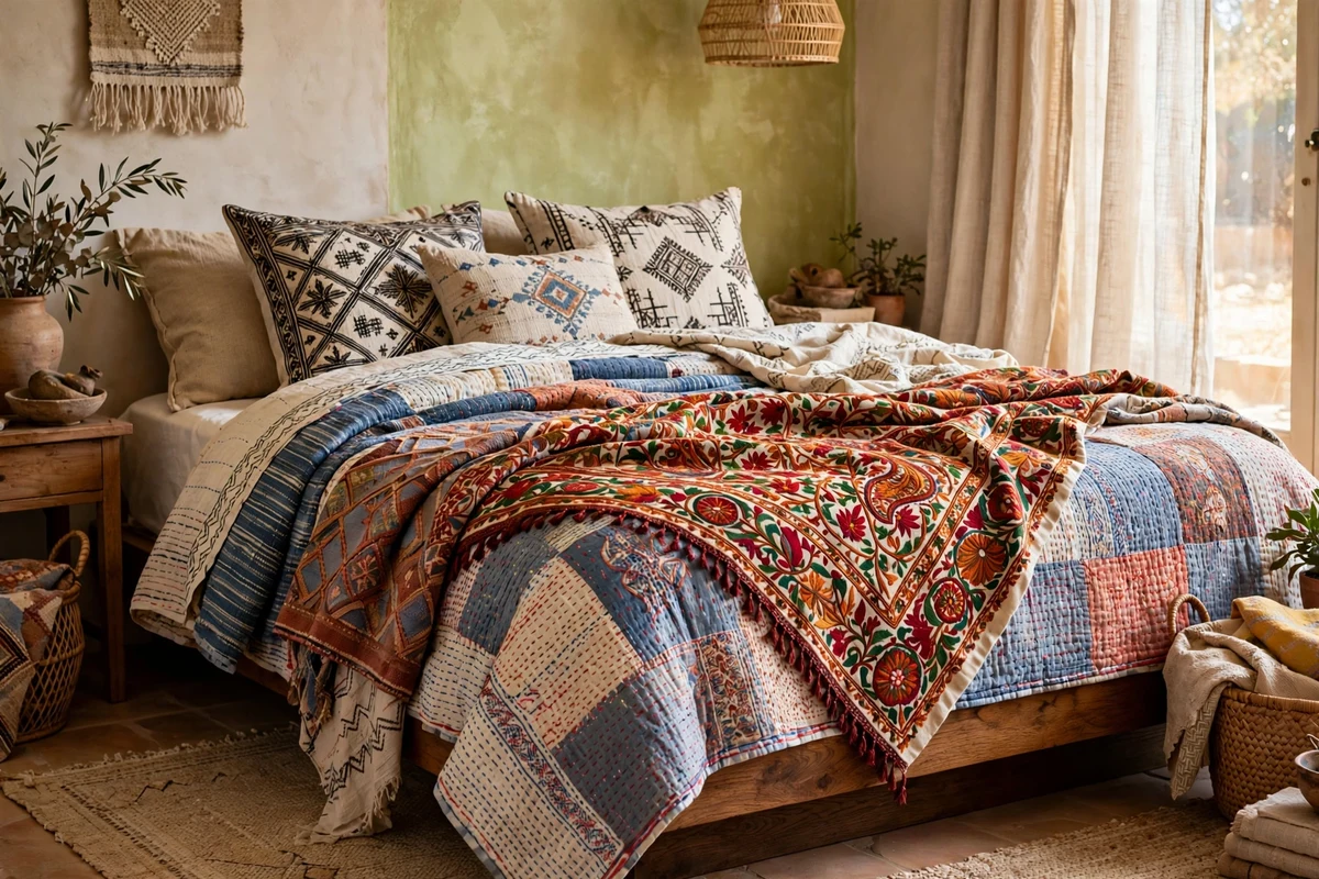 Bed layered with suzani throw, mudcloth pillows and kantha quilt