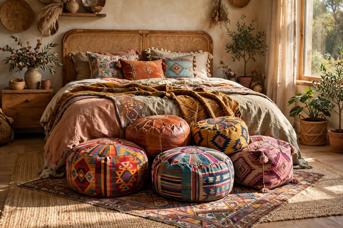 Colorful leather and kilim poufs at the foot of an eclectic bed