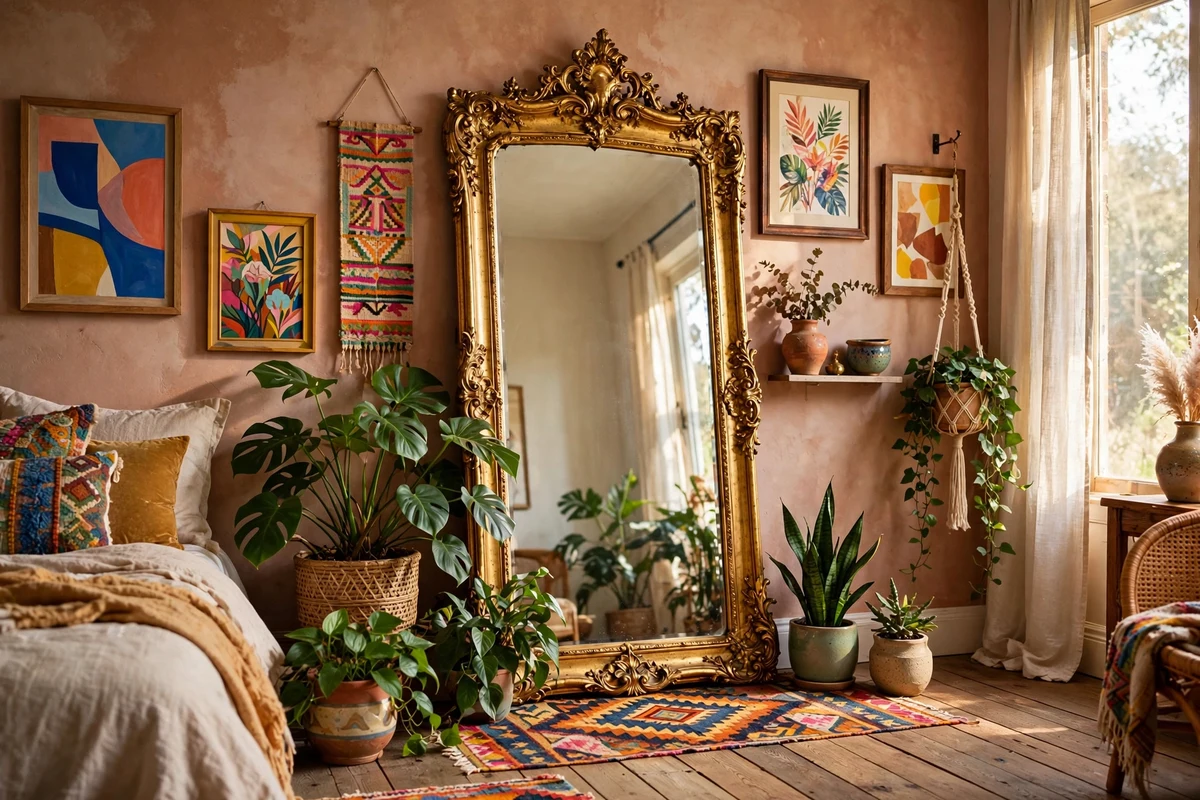 Oversized ornate gold floor mirror in an eclectic bedroom
