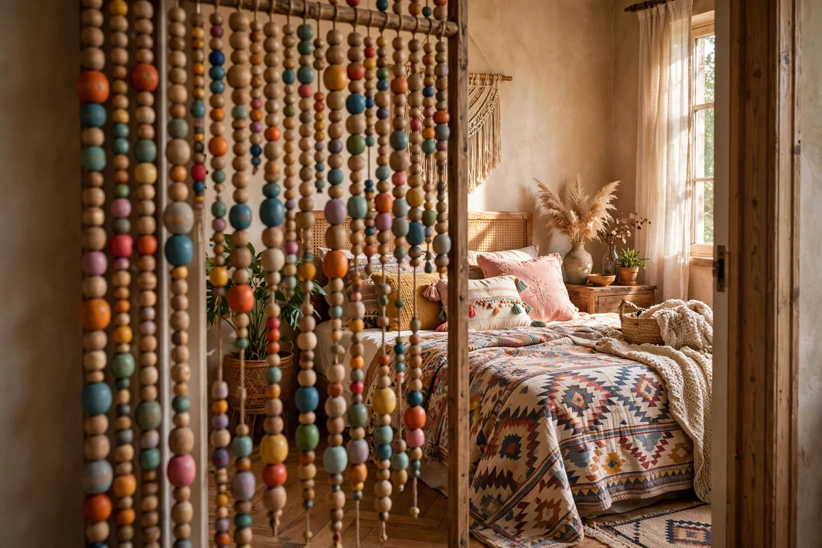 Colorful wooden bead curtain in an eclectic bedroom doorway