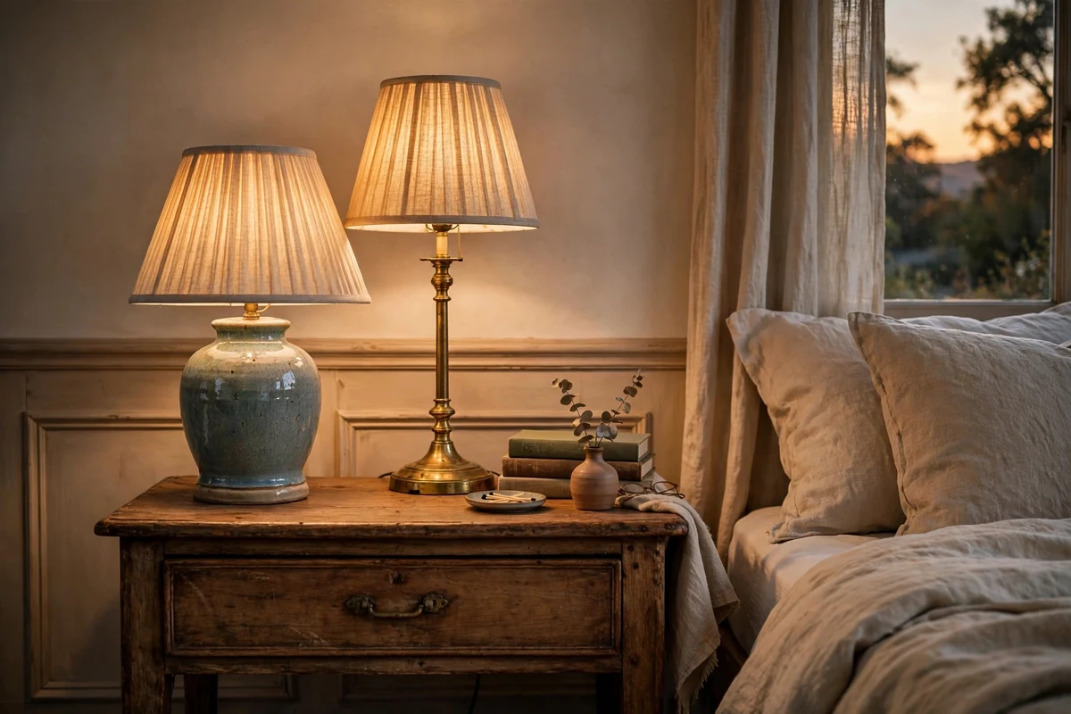 Two mismatched lamps on a vintage nightstand in an eclectic bedroom