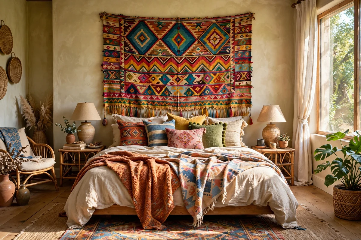 Colorful woven tapestry hung as a headboard behind an eclectic bed