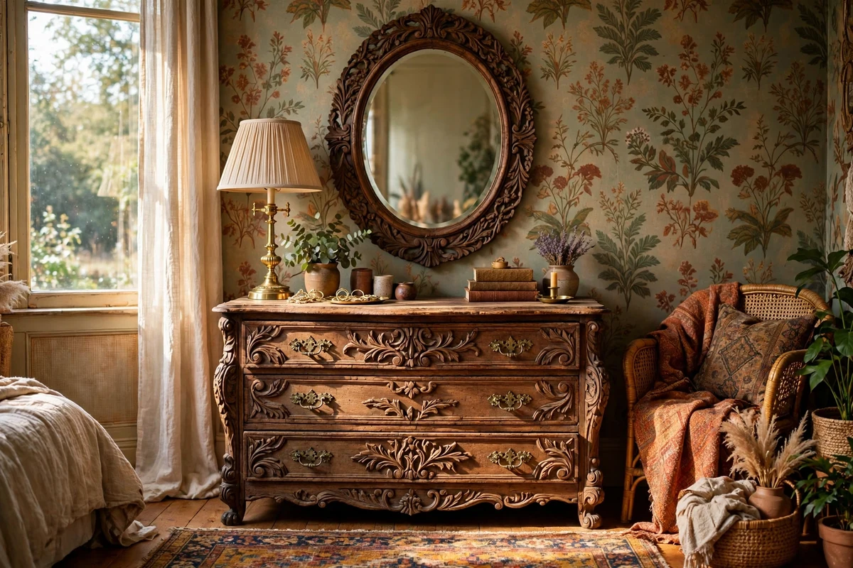 Antique carved dresser styled as a vanity with oval mirror