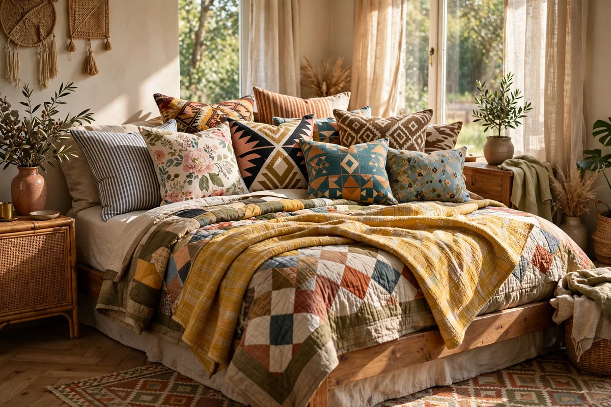 Eclectic bed covered in mixed-print throw pillows