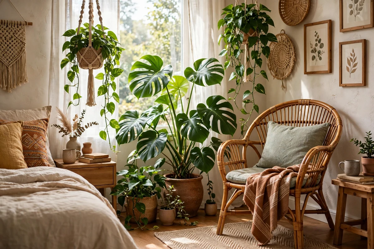 Lush plant corner with monstera and hanging pothos in an eclectic bedroom