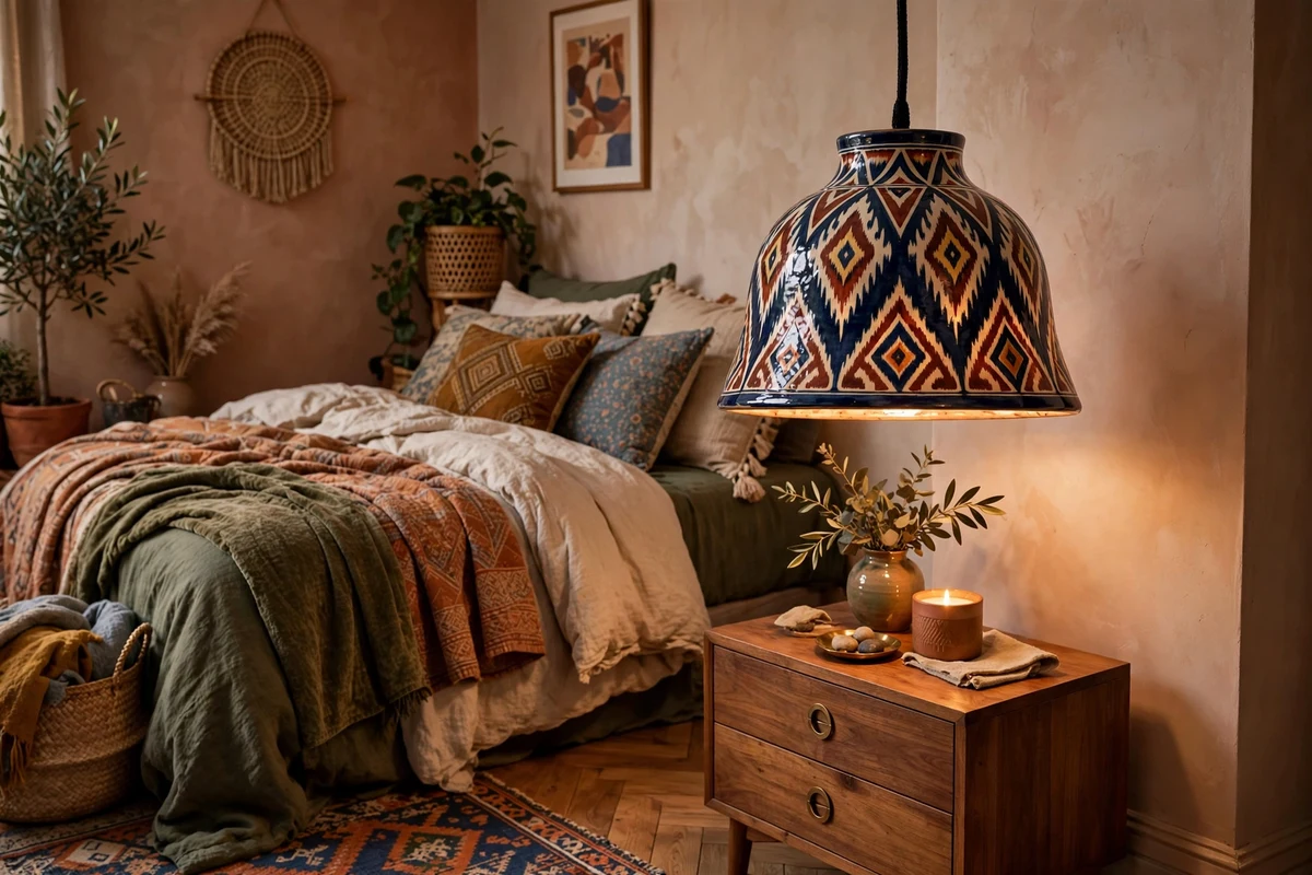 Patterned ceramic pendant light over a nightstand in an eclectic bedroom