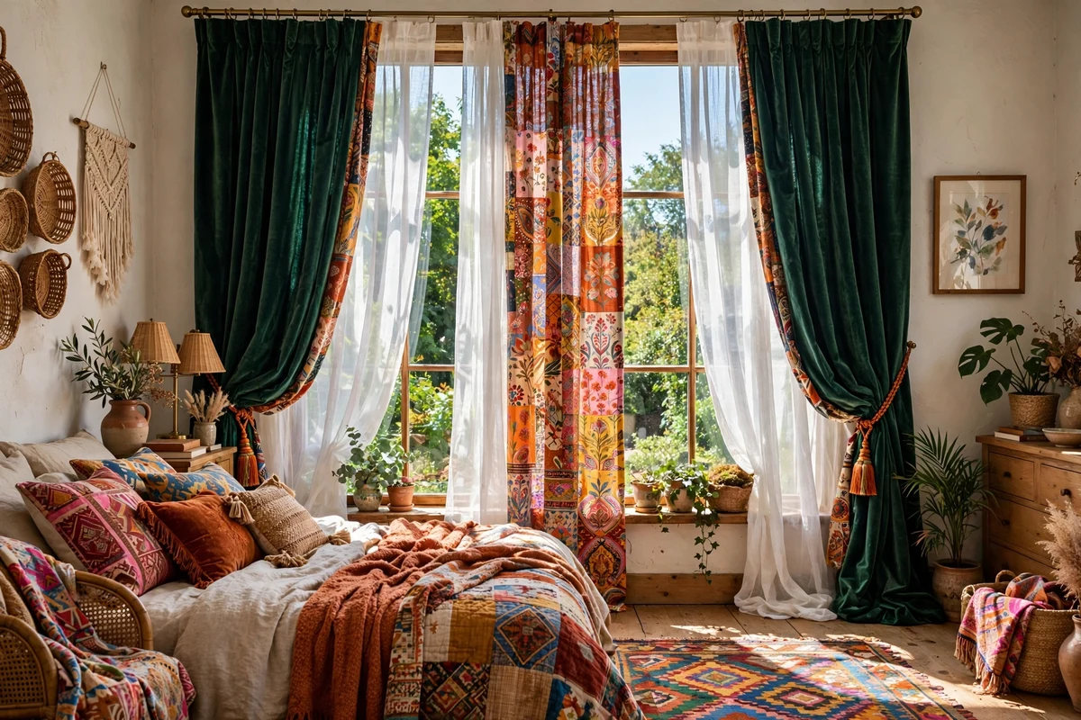 Layered velvet, sheer and patterned curtains in an eclectic bedroom