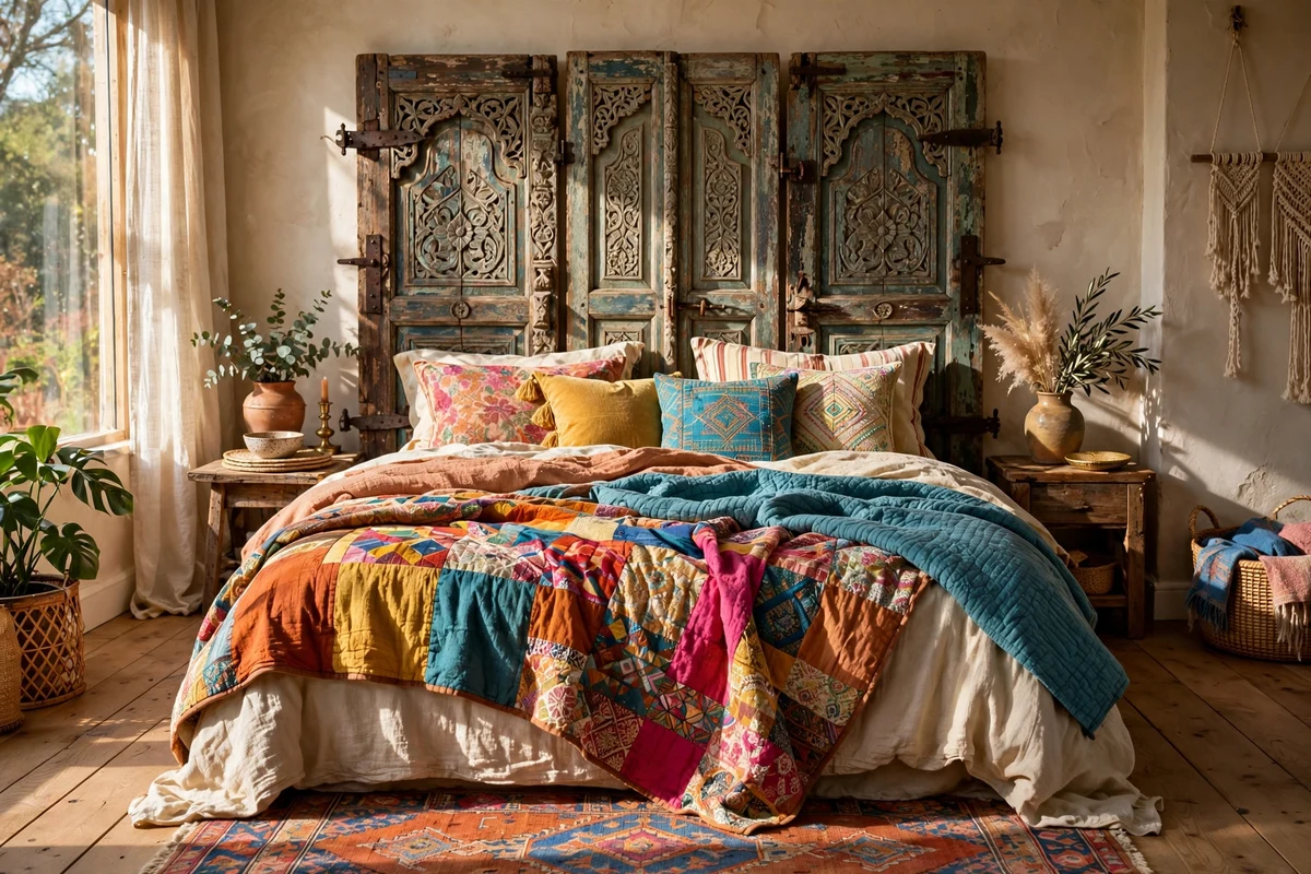 Headboard made from reclaimed vintage carved wooden doors