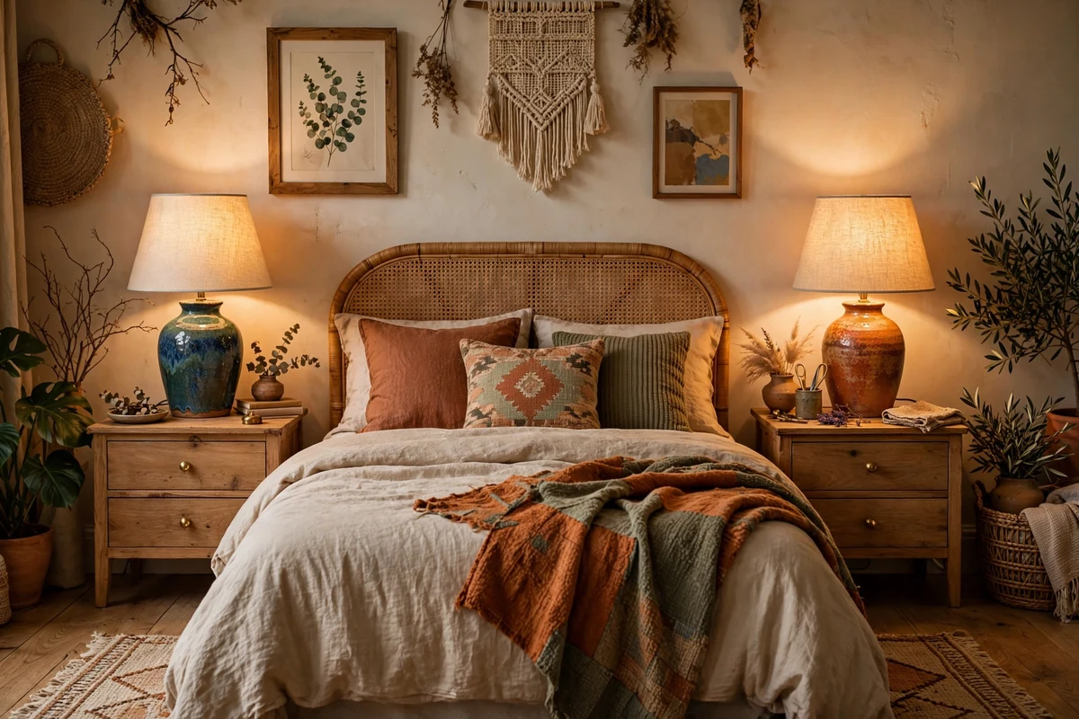 Handmade ceramic table lamps with different glazes in an eclectic bedroom
