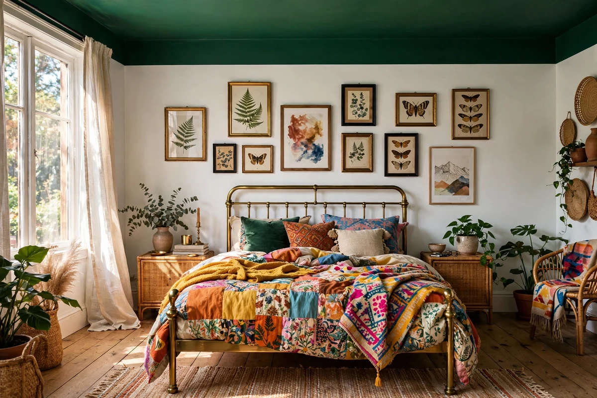 Eclectic bedroom with a deep emerald green painted ceiling