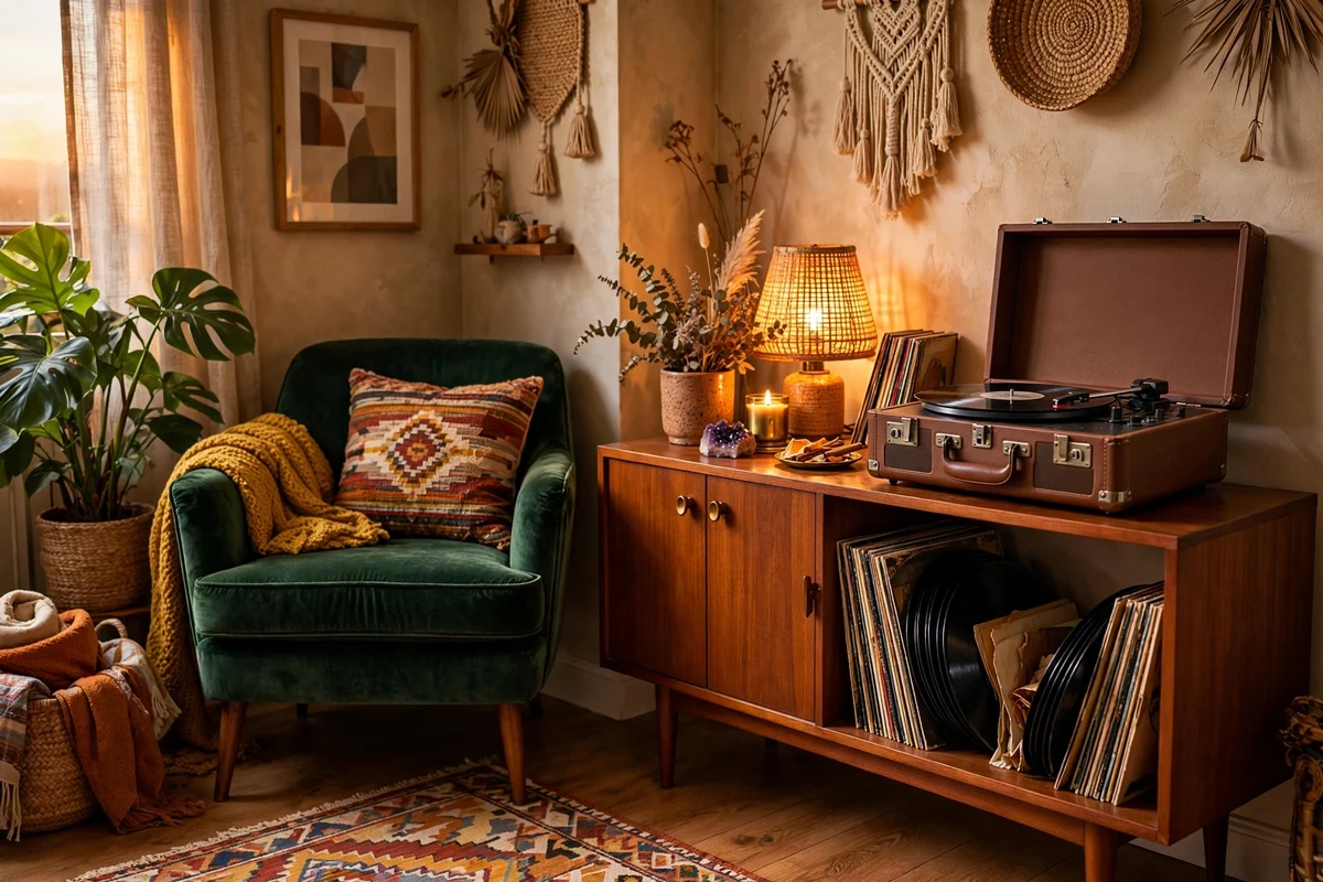Vintage record player on a mid-century console in a bedroom corner