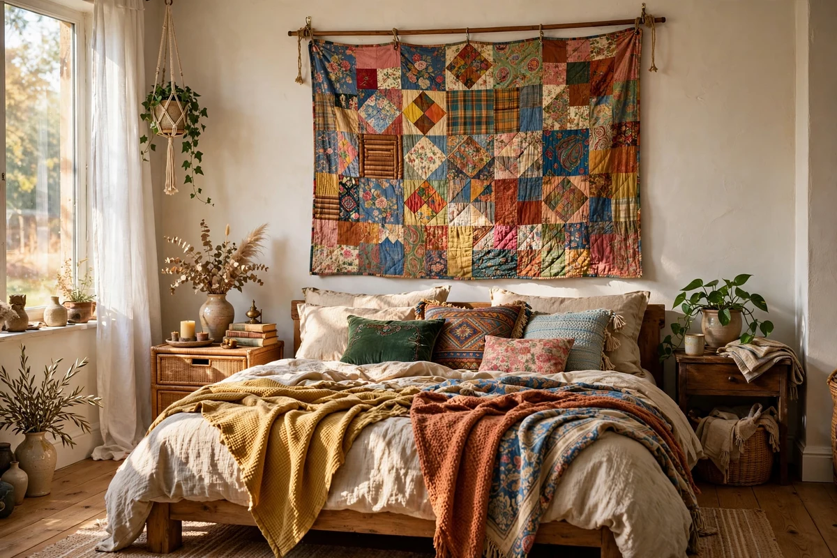 Colorful vintage patchwork quilt hung as wall art above a bed