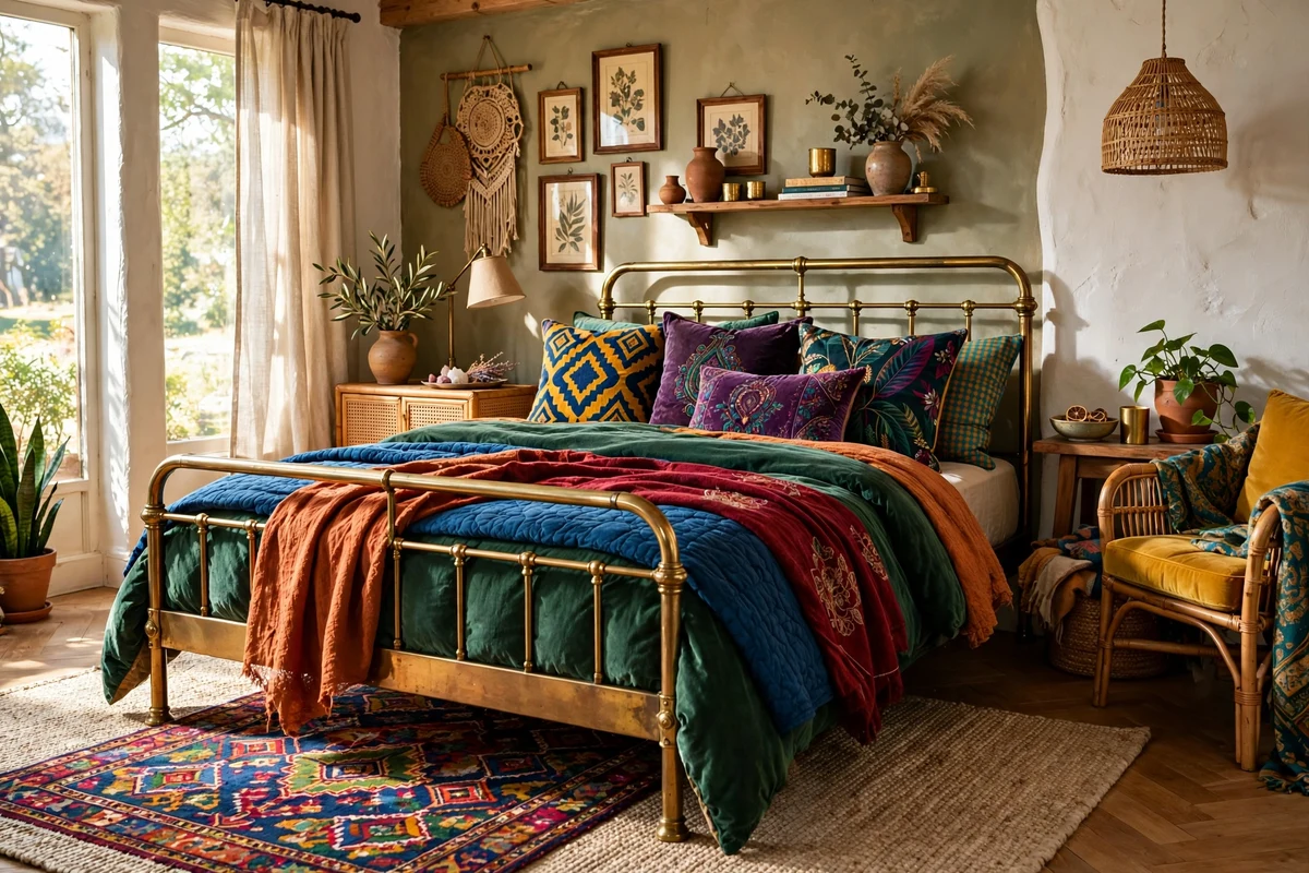 Brass bed frame with bold jewel-tone linens in an eclectic bedroom