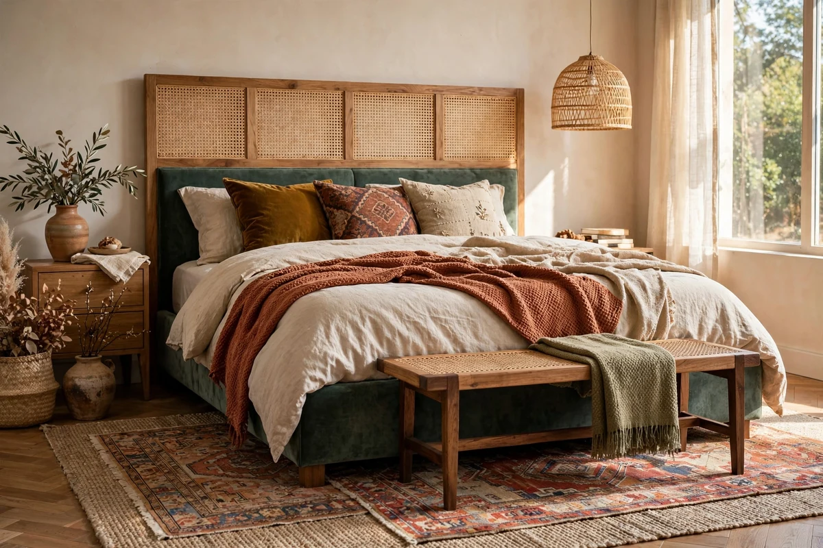 Bench mixing wood, cane and velvet at the foot of an eclectic bed