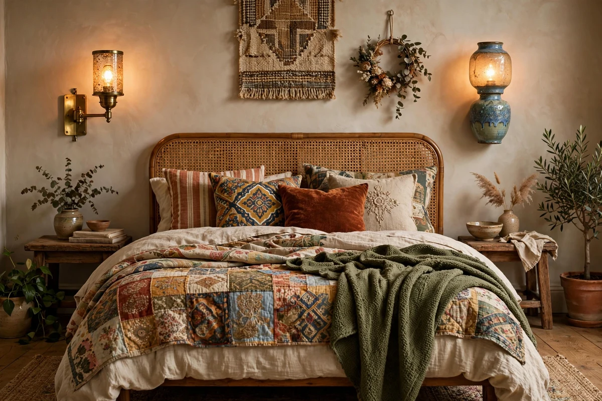 Mismatched brass and ceramic wall sconces flanking an eclectic bed