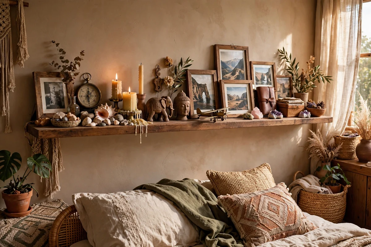 Bedroom shelf styled as a personal shrine with travel keepsakes
