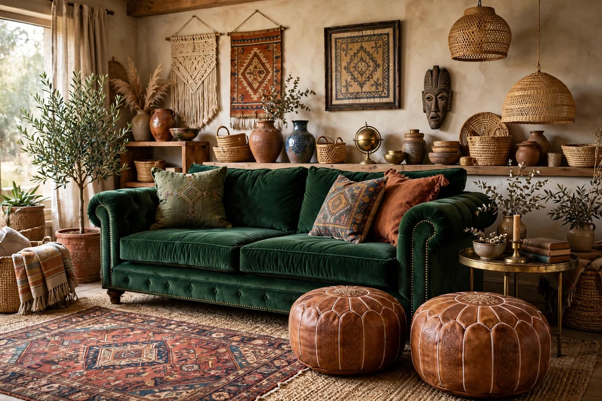 Emerald velvet chesterfield sofa with Moroccan leather poufs in an eclectic living room