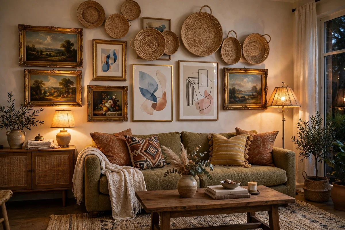Gallery wall mixing vintage oil paintings, modern prints and woven baskets above a sofa