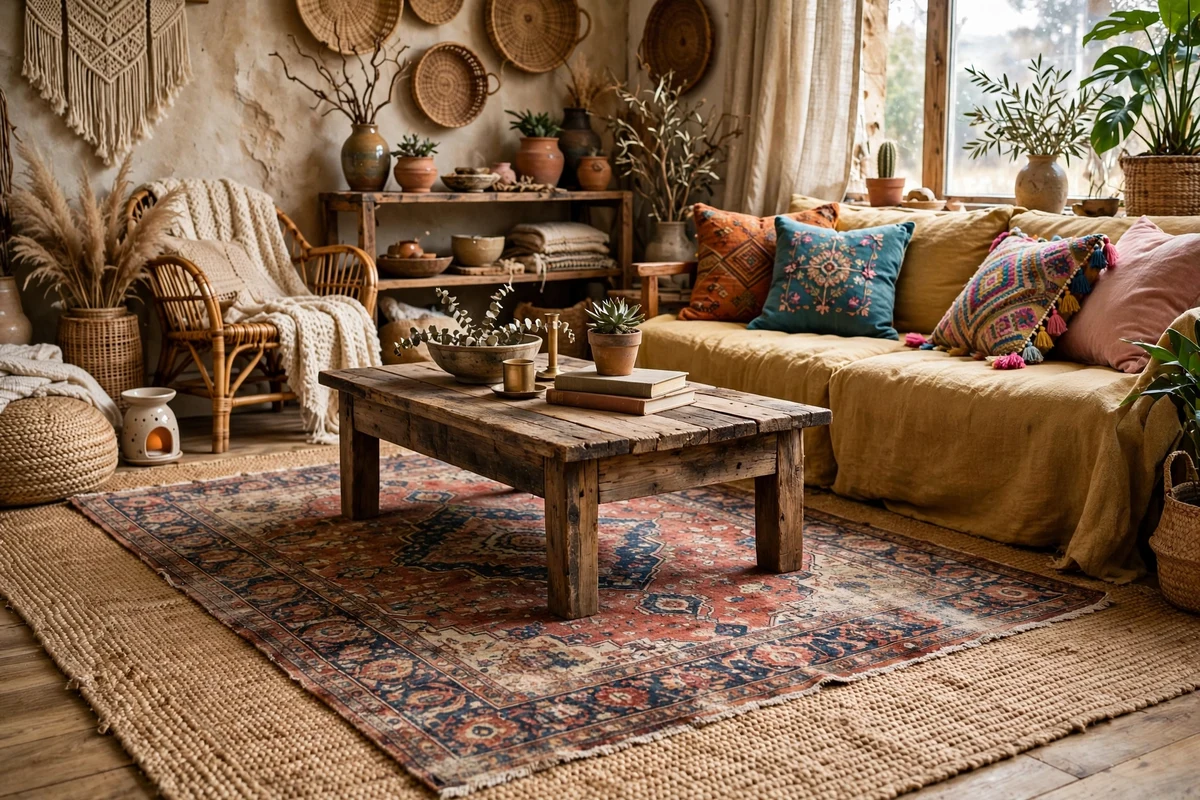 Vintage Persian rug layered over a natural jute rug under a wood coffee table