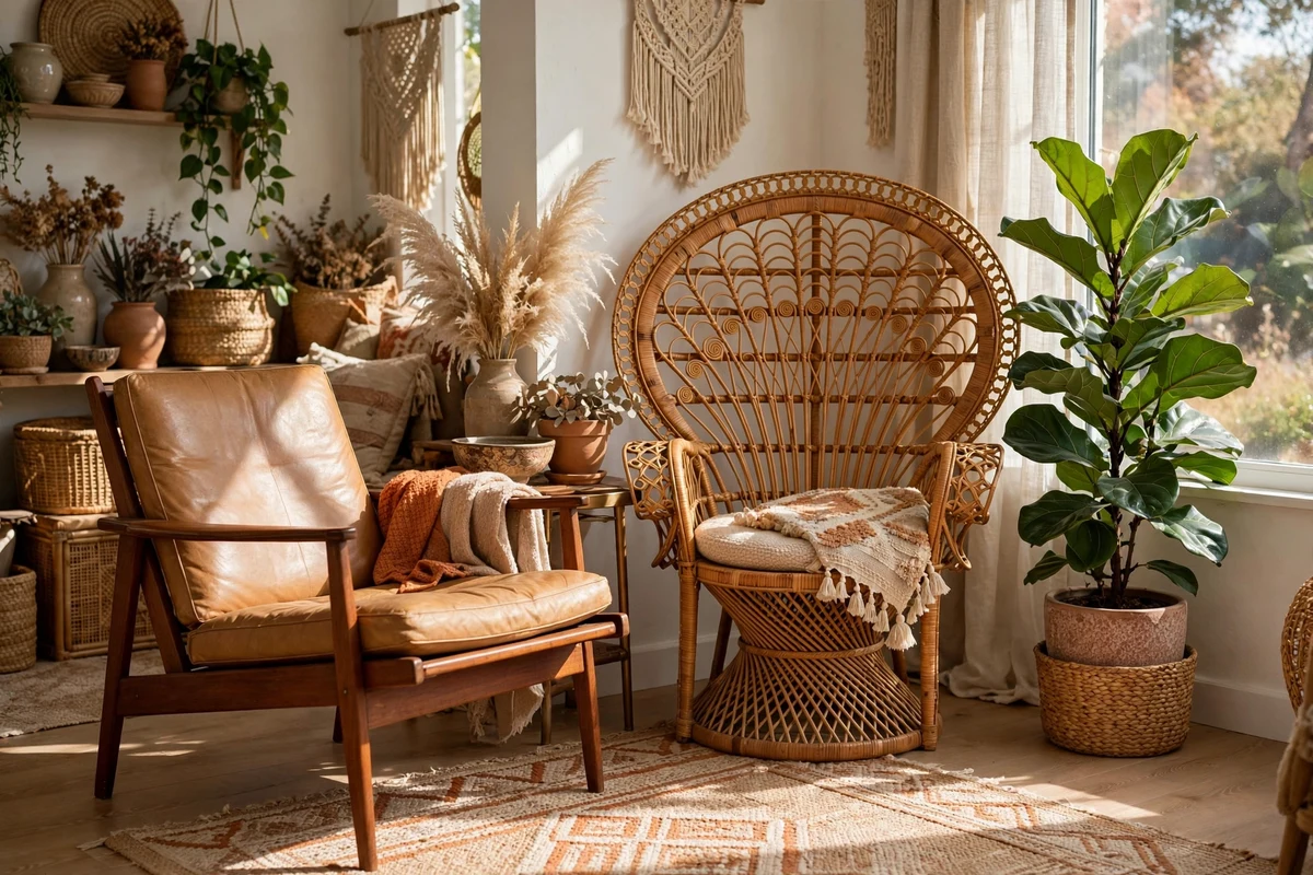 Mid-century teak lounge chair next to a rattan peacock chair in an eclectic living room corner