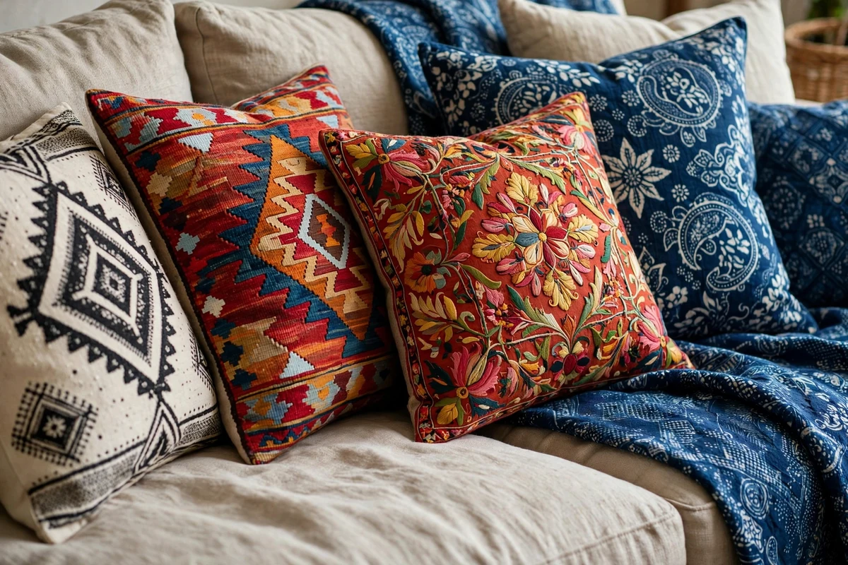 Sofa covered in mudcloth, kilim, suzani and indigo batik throw pillows