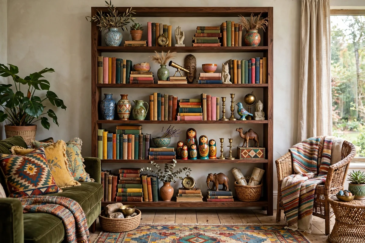 Bookshelf styled with vintage books, ceramic vases, souvenirs and brass candlesticks