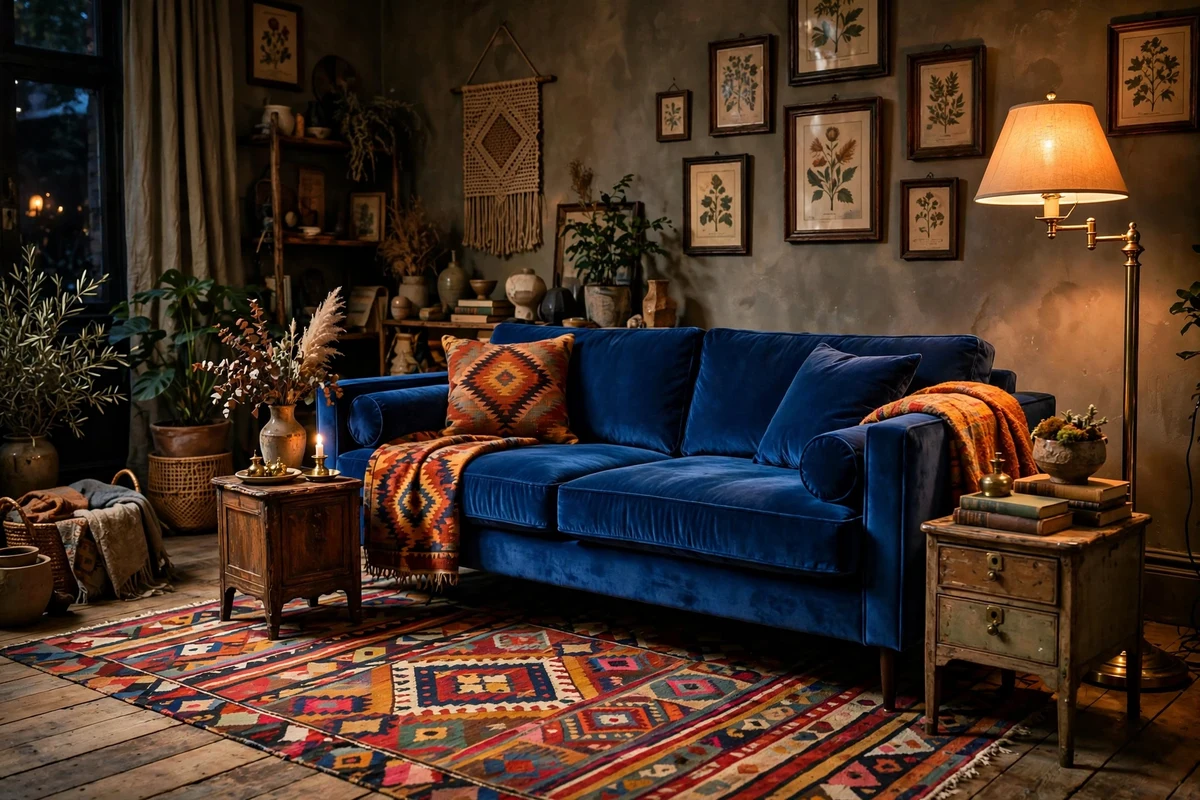 Sapphire blue velvet sofa surrounded by mismatched vintage tables in an eclectic living room