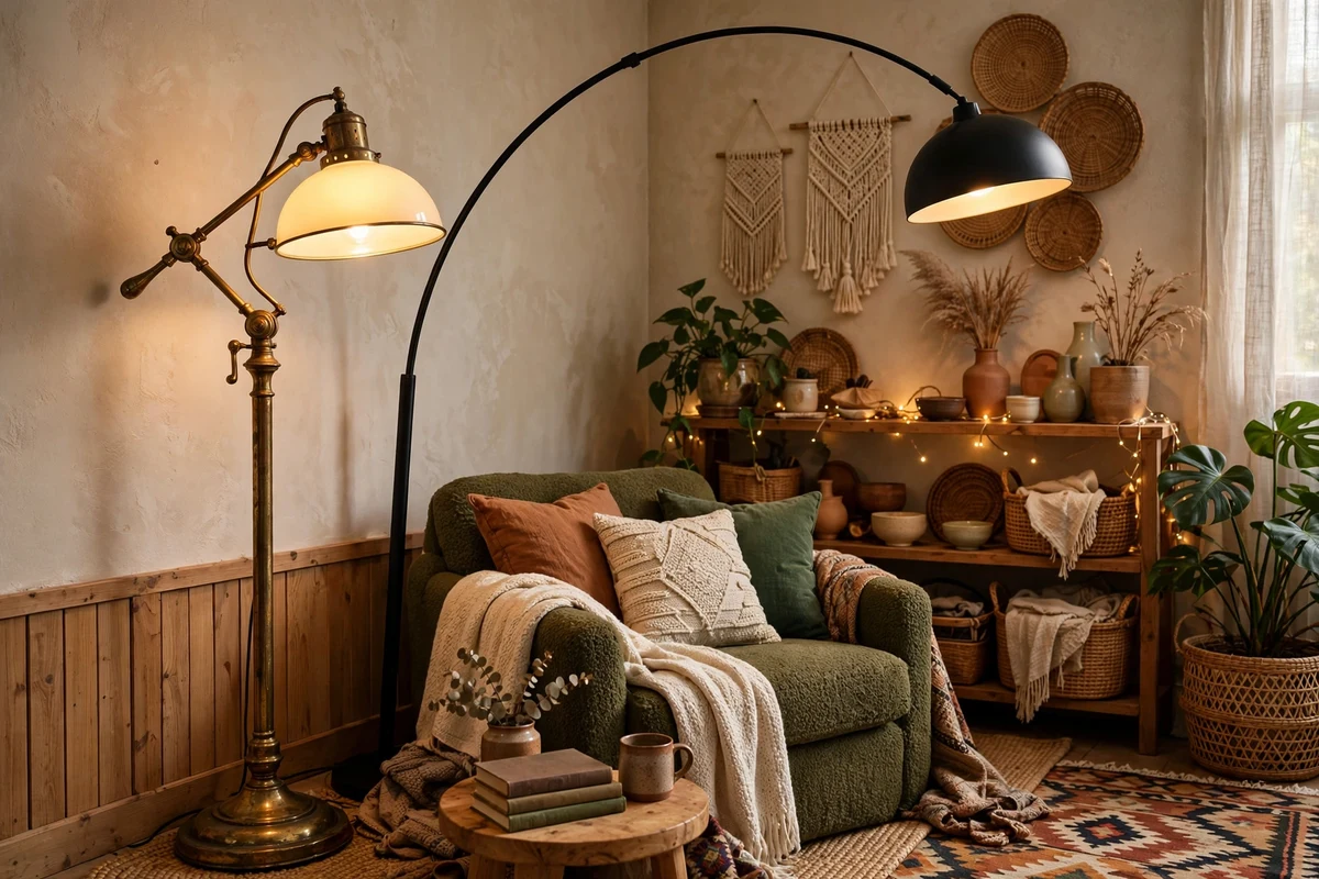 Antique brass pharmacy lamp beside a modern black arc lamp in a living room corner
