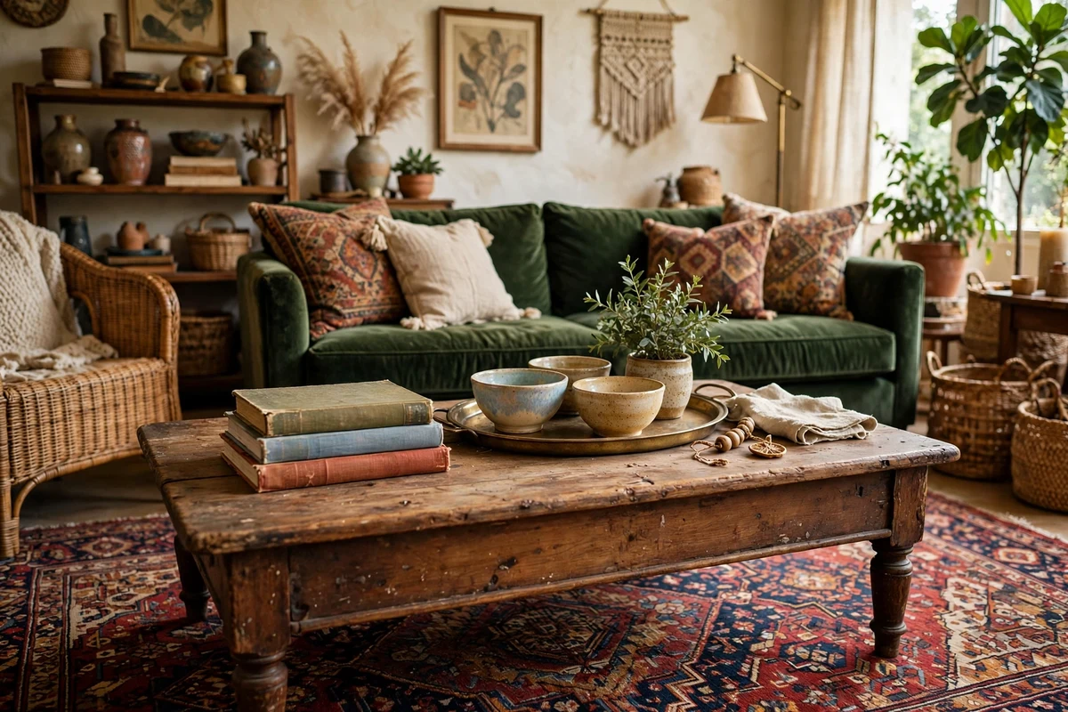 Thrifted vintage wooden coffee table styled with art books and ceramics in an eclectic living room