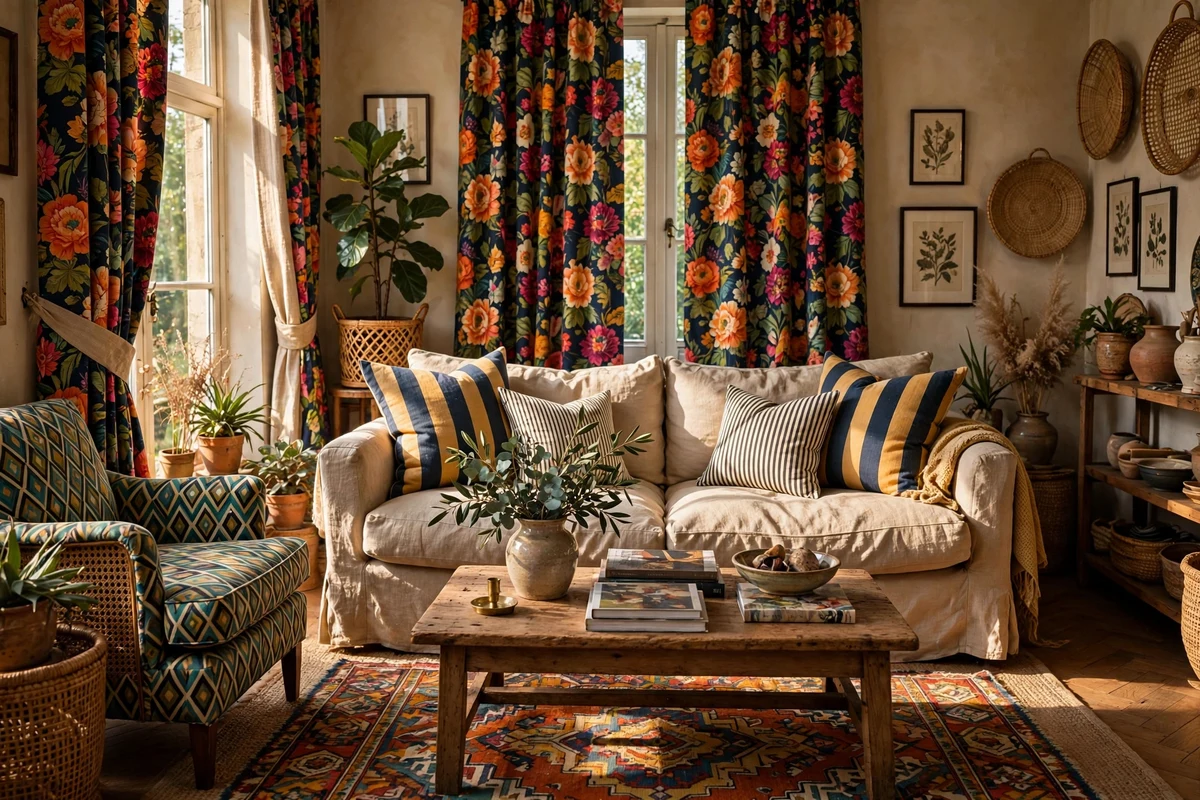 Bold floral curtains mixed with striped throw pillows on a linen sofa