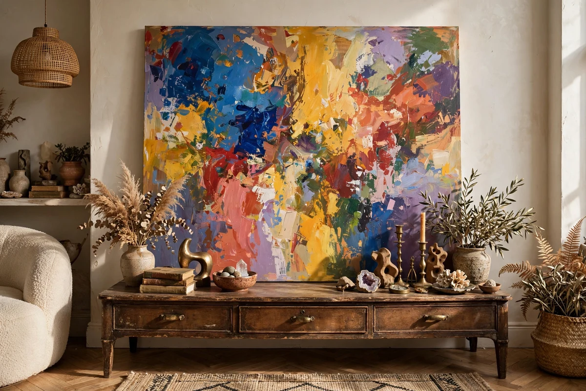Oversized colorful abstract painting leaning above a vintage console table