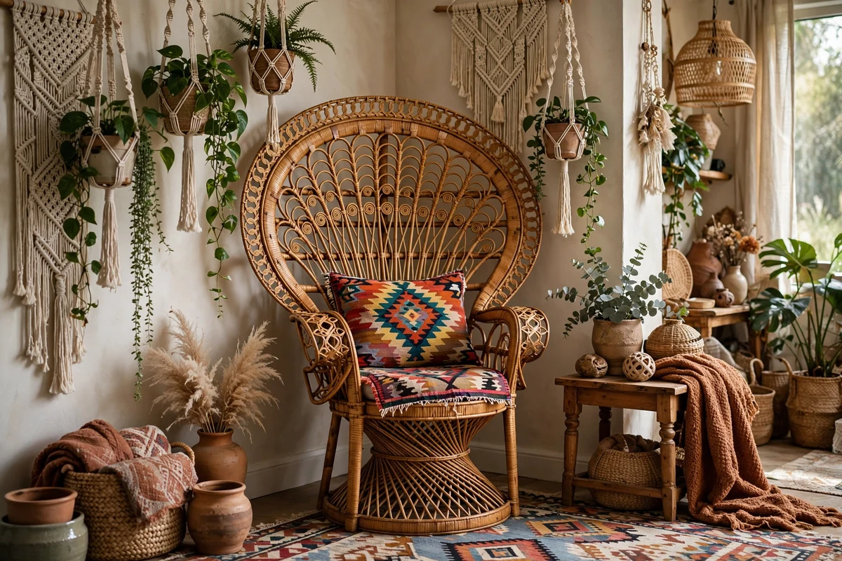 Ornate rattan peacock chair with kilim cushion surrounded by hanging plants