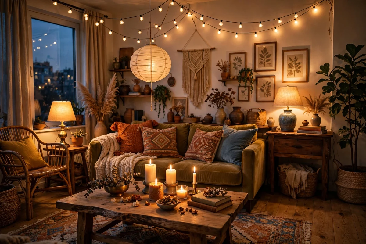 Eclectic living room at dusk with table lamps, string lights, candles and a paper lantern glowing