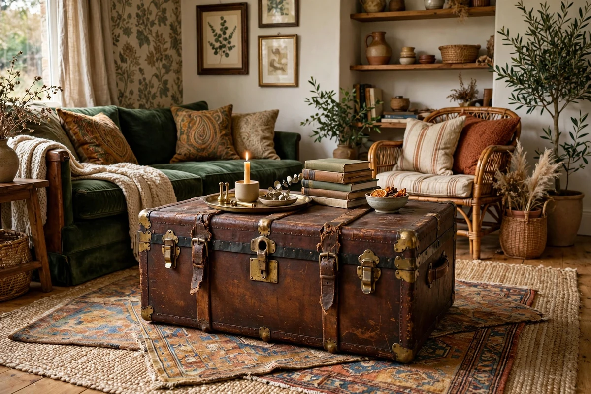 Antique steamer trunk used as a coffee table in an eclectic living room