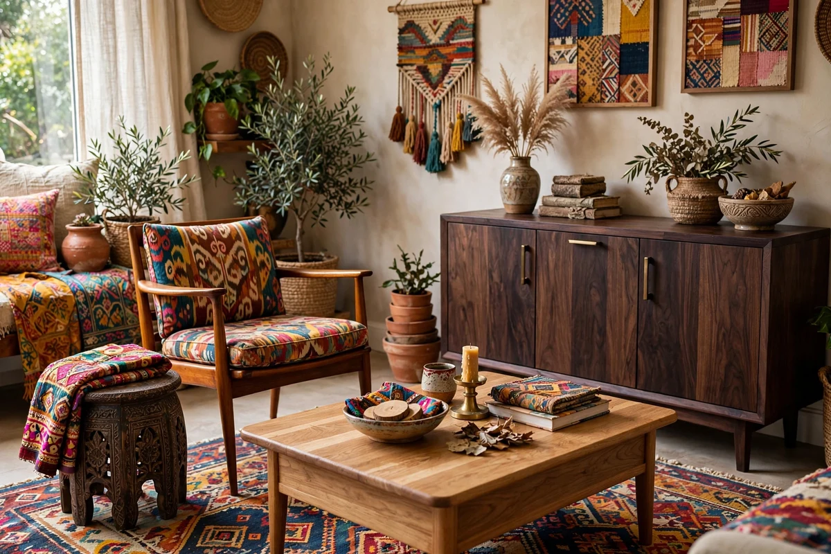 Dark walnut sideboard, light oak coffee table and teak chair mixed in one living room