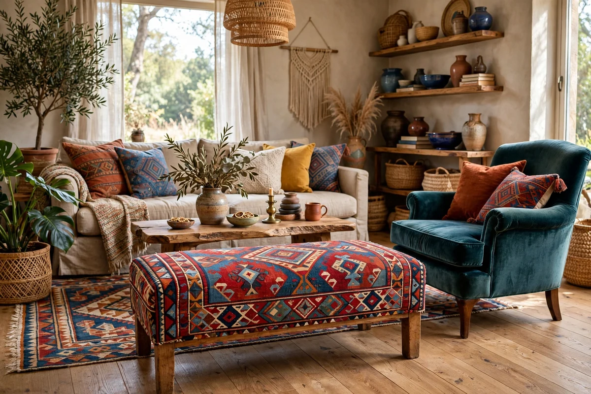 Colorful vintage kilim-upholstered bench with geometric tribal pattern in an eclectic living room